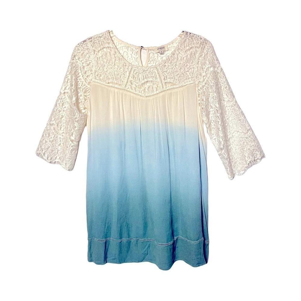 Umgee | Blue Ombre Ivory Lace Shift Mini Dress, Medium